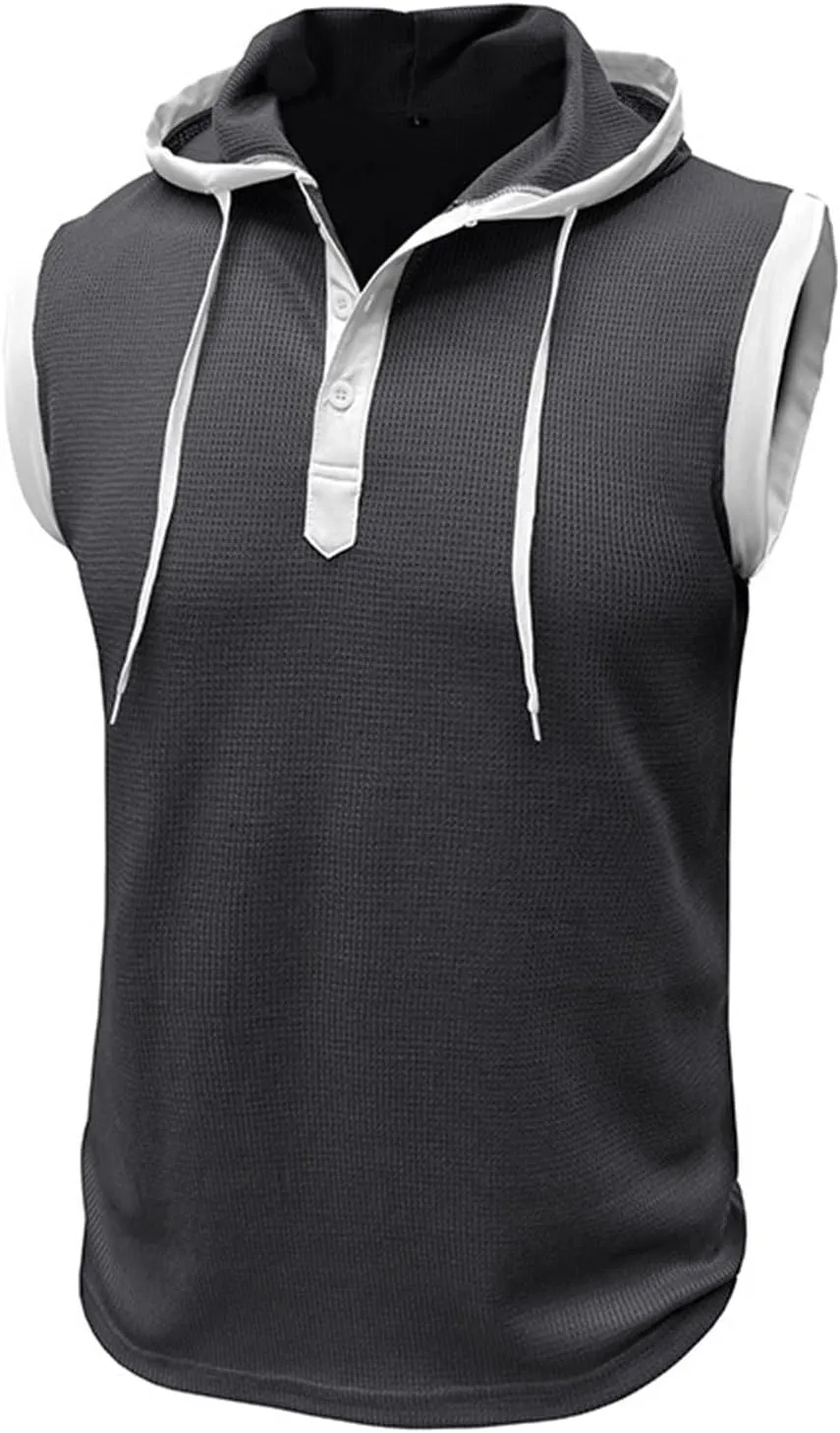 Waffle Tank Top for Men Hooded Shirts Gym Workout Bodybuilding Sleeveless Muscle T Shirts Block Color Vest Hoodies