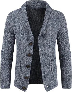 Wankang Men's Shawl Collar Cardigan Sweater Casual Slim Fit Button Down Twist Cable Knitted Cardigan Sweater for Men Pockets