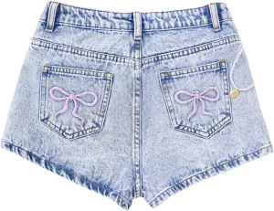 WDIRARA Girl's Bow Embroidered High Waisted Jean Shorts Y2k Straight Leg Denim Shorts