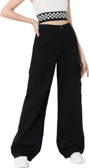 WDIRARA Girl's Flap Pocket Side High Waist Straight Leg Cargo Long Jeans Denim Pants