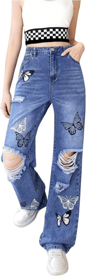 WDIRARA Girl's Flap Pocket Side High Waist Straight Leg Cargo Long Jeans Denim Pants