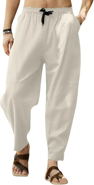 Wide Leg Pants for Men Baggy Casual Summer Beach Linen Pants Elastic Waist Travel Chinos Lounge Trousers with Pockets