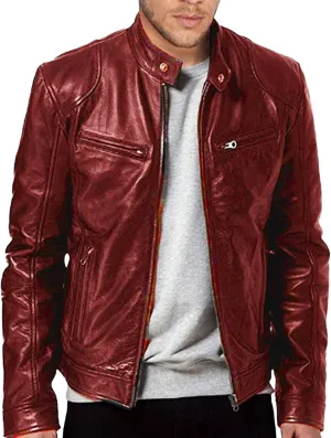 Winter Jackets for Men Real Lambskin Leather Biker Jacket - Quilted Cafe Racer Zip Up Moto Jackets Men