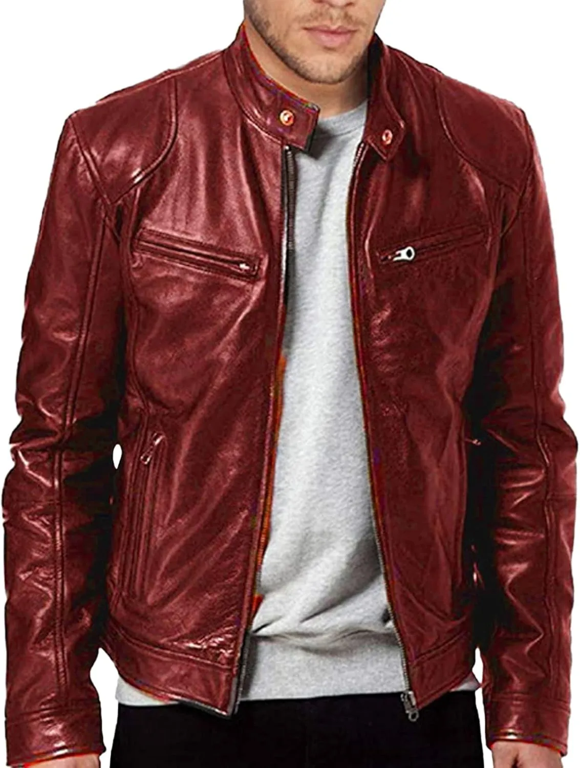 Winter Jackets for Men Real Lambskin Leather Biker Jacket - Quilted Cafe Racer Zip Up Moto Jackets Men