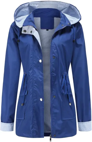 Wkishenl Rain Coat for Women Waterproof with Hood Active Outdoor Rain Jacket Solid Lightweight Zip Up Lace Up Fall Raincoat