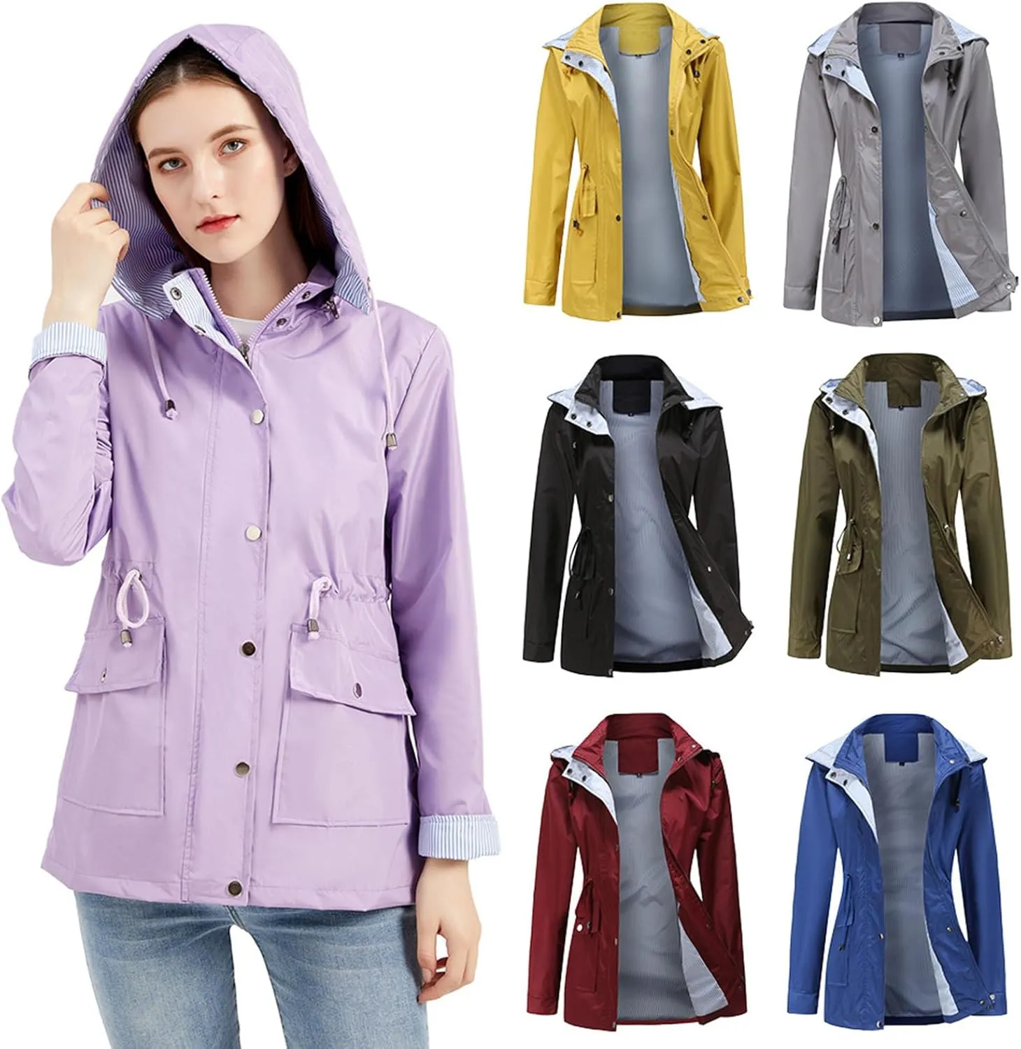 Wkishenl Rain Coat for Women Waterproof with Hood Active Outdoor Rain Jacket Solid Lightweight Zip Up Lace Up Fall Raincoat