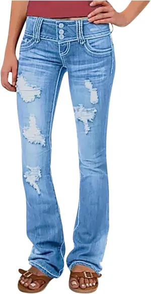 Women Bell Bottom Jeans High Waisted Wide Leg Flare Pants Distressed Raw Hem Jeans Bootcut Stretchy Skinny Denim Pants