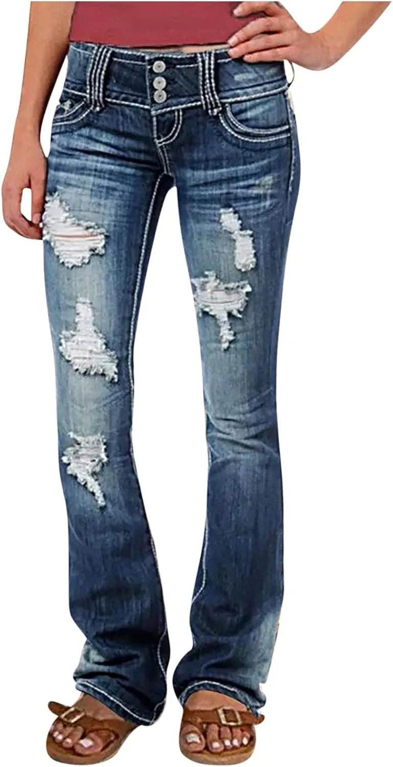 Women Bell Bottom Jeans High Waisted Wide Leg Flare Pants Distressed Raw Hem Jeans Bootcut Stretchy Skinny Denim Pants
