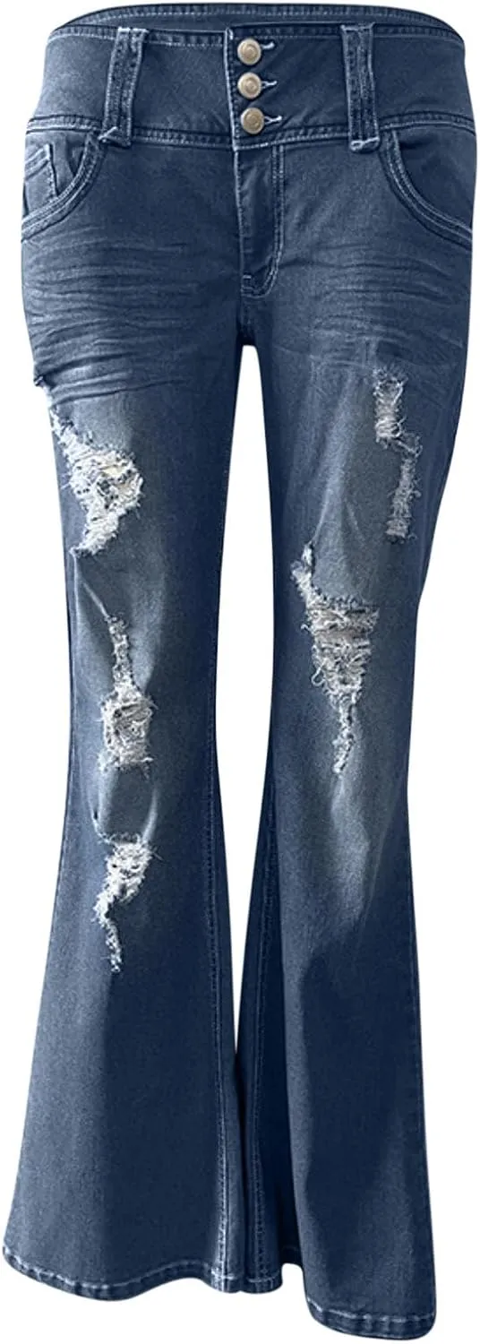 Women Bell Bottom Jeans High Waisted Wide Leg Flare Pants Distressed Raw Hem Jeans Bootcut Stretchy Skinny Denim Pants