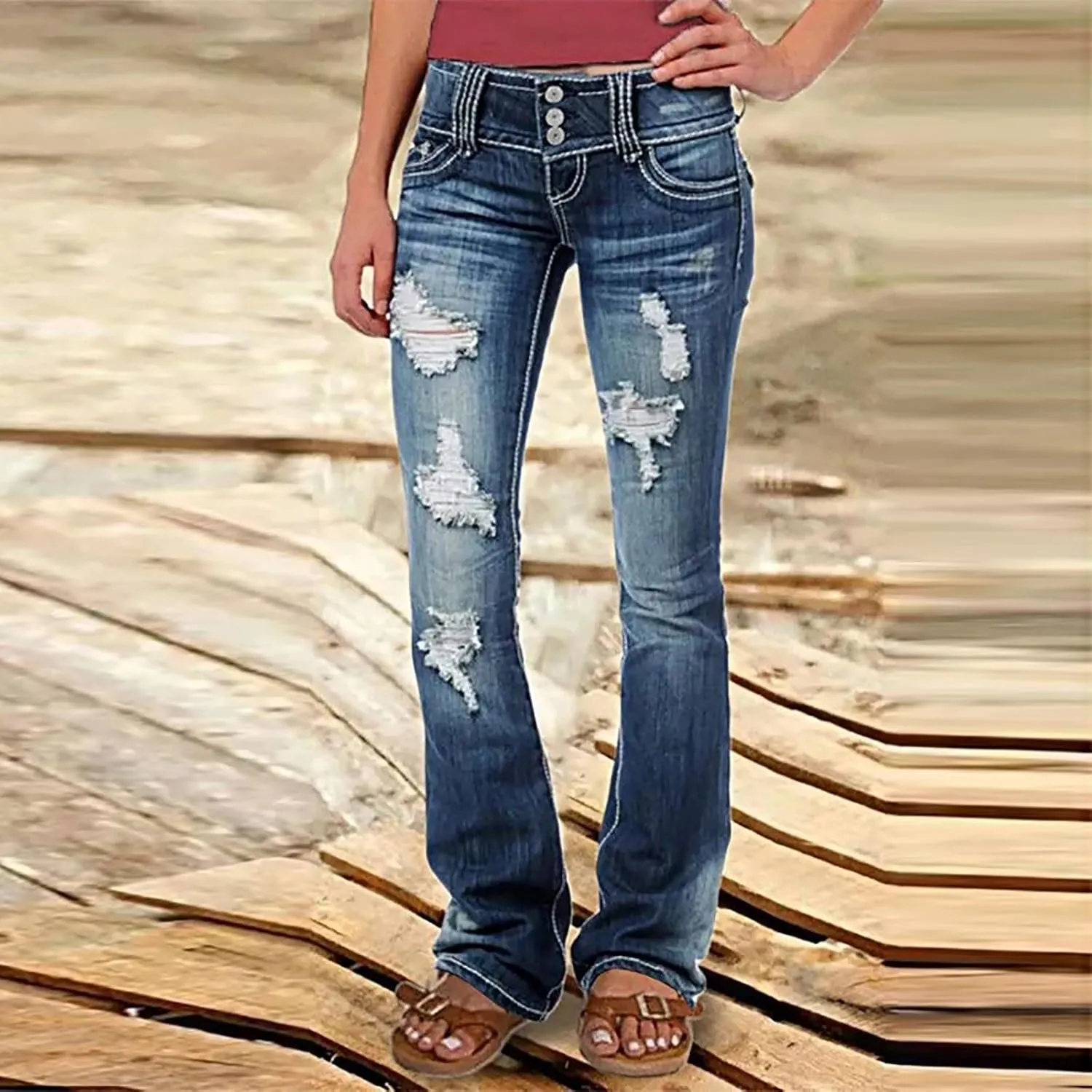 Women Bell Bottom Jeans High Waisted Wide Leg Flare Pants Distressed Raw Hem Jeans Bootcut Stretchy Skinny Denim Pants