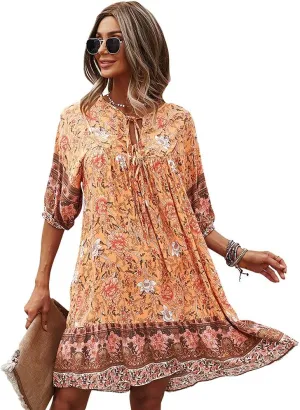 Women Bohemian Neck Tie Vintage Printed Ethnic Style Summer Shift Dress