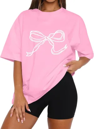 Women Bow Knot Graphic Printed Overszied Tee Shirt Half Sleeve Crewneck Loose Tshirt Top Basic Casual Summer T-Shirt