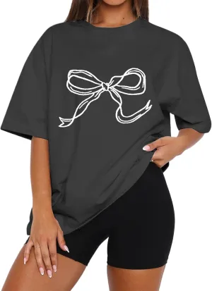 Women Bow Knot Graphic Printed Overszied Tee Shirt Half Sleeve Crewneck Loose Tshirt Top Basic Casual Summer T-Shirt