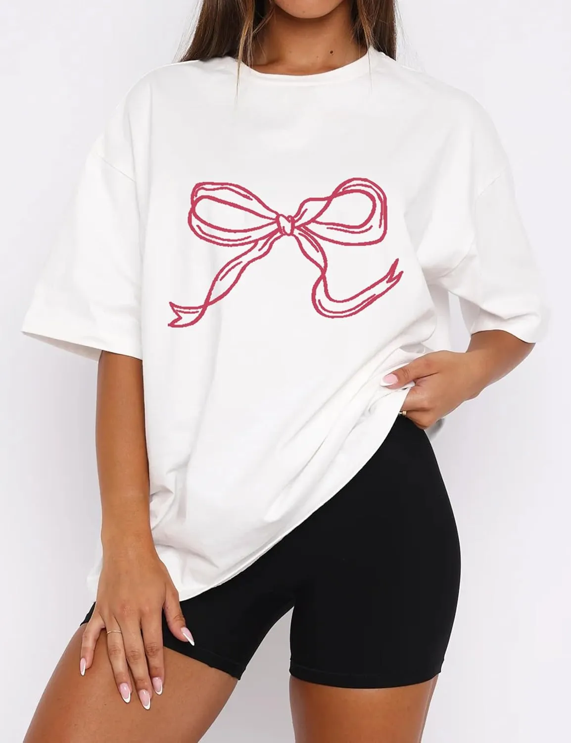 Women Bow Knot Graphic Printed Overszied Tee Shirt Half Sleeve Crewneck Loose Tshirt Top Basic Casual Summer T-Shirt