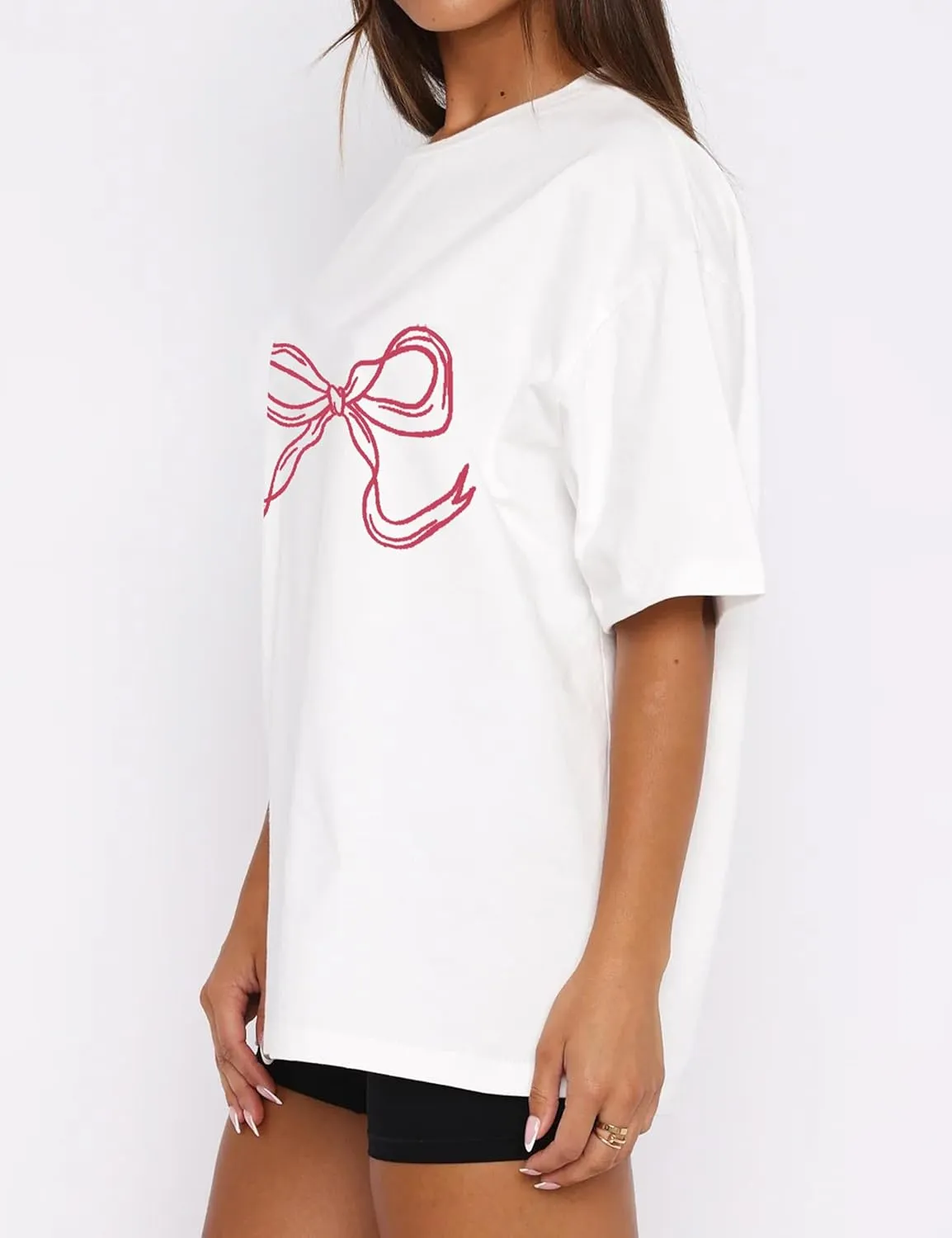 Women Bow Knot Graphic Printed Overszied Tee Shirt Half Sleeve Crewneck Loose Tshirt Top Basic Casual Summer T-Shirt