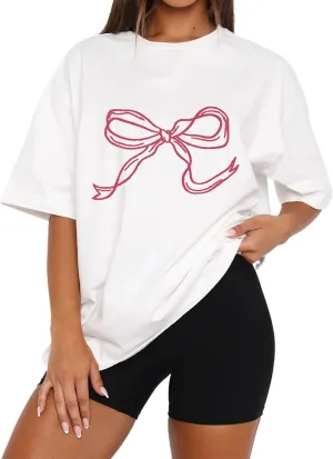 Women Bow Knot Graphic Printed Overszied Tee Shirt Half Sleeve Crewneck Loose Tshirt Top Basic Casual Summer T-Shirt