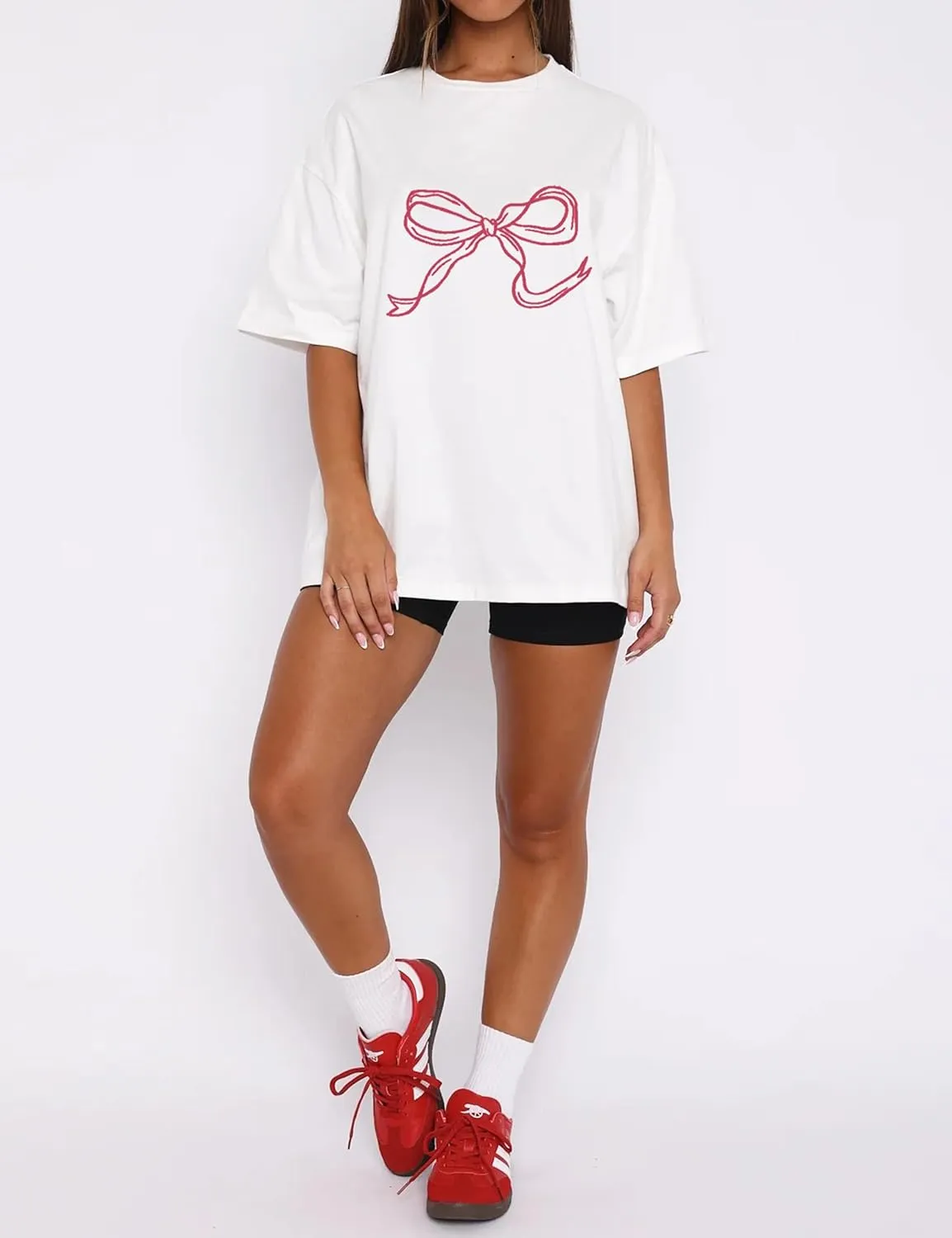 Women Bow Knot Graphic Printed Overszied Tee Shirt Half Sleeve Crewneck Loose Tshirt Top Basic Casual Summer T-Shirt