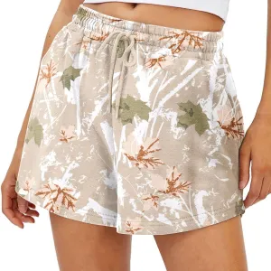 Women Camo Sweat Shorts High Waisted Drawstring Lounge Shorts Maple Leaf Cheetah Print Athletic Shorts with Pockets