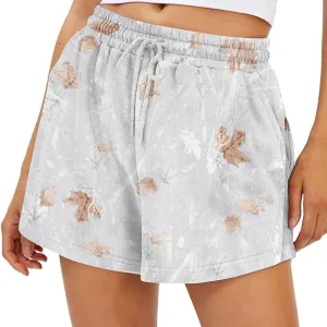 Women Camo Sweat Shorts High Waisted Drawstring Lounge Shorts Maple Leaf Cheetah Print Athletic Shorts with Pockets