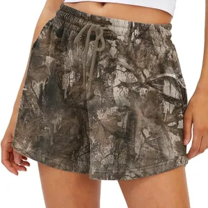 Women Camo Sweat Shorts High Waisted Drawstring Lounge Shorts Maple Leaf Cheetah Print Athletic Shorts with Pockets