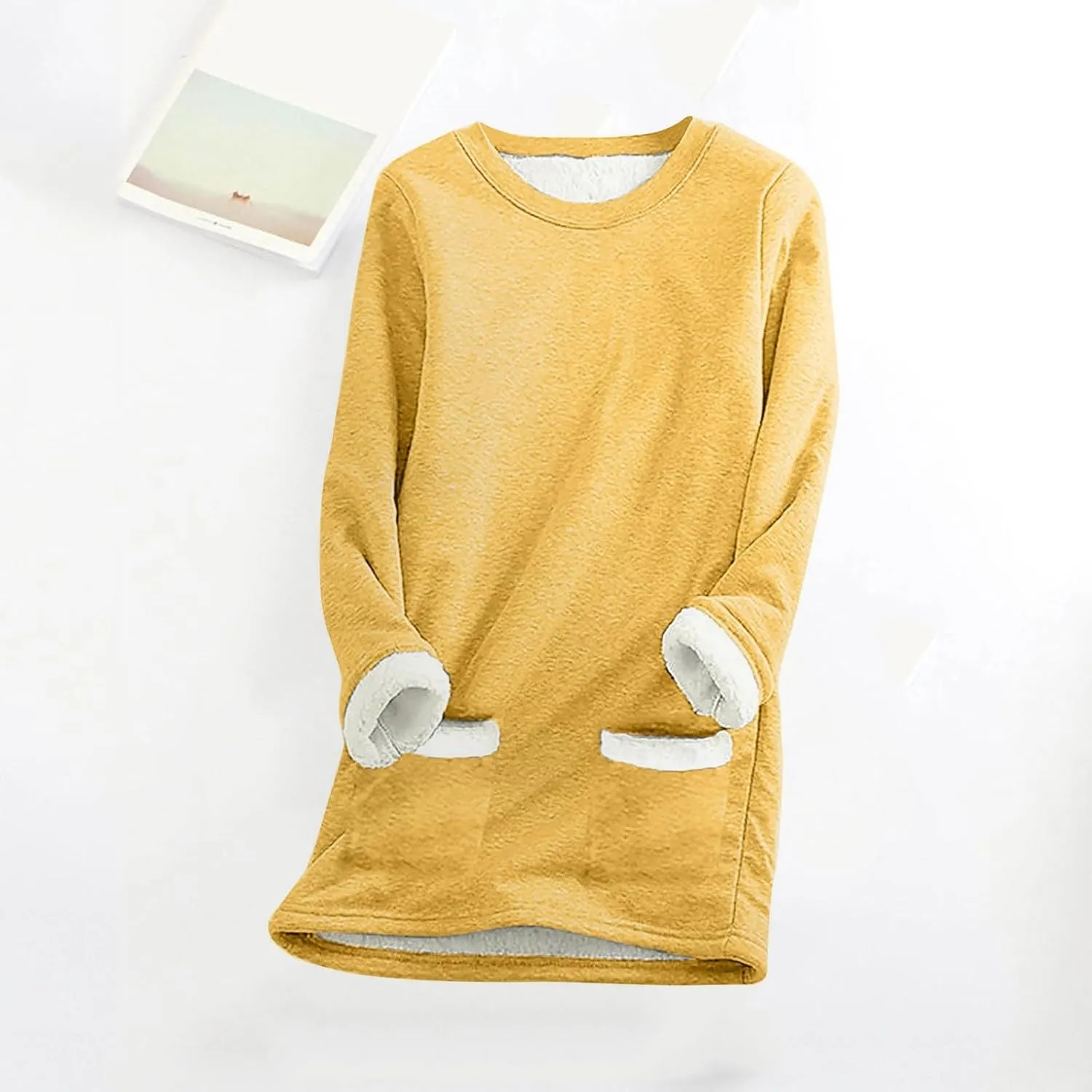Women Winter Fleece Lined Warm Sweatshirts Solid Color Long Sleeve Crewneck Tunic Tees Casual Thermal Pullover