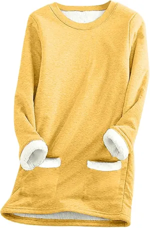 Women Winter Fleece Lined Warm Sweatshirts Solid Color Long Sleeve Crewneck Tunic Tees Casual Thermal Pullover