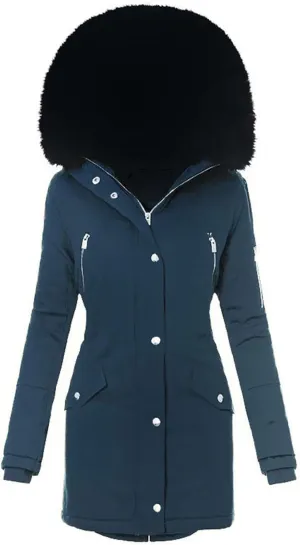 Women Winter Warm Coats with Faux Fur Hood Zip Snap Long Parka Jacket Long Sleeve Pockets Outerwear Puffer Down Coat