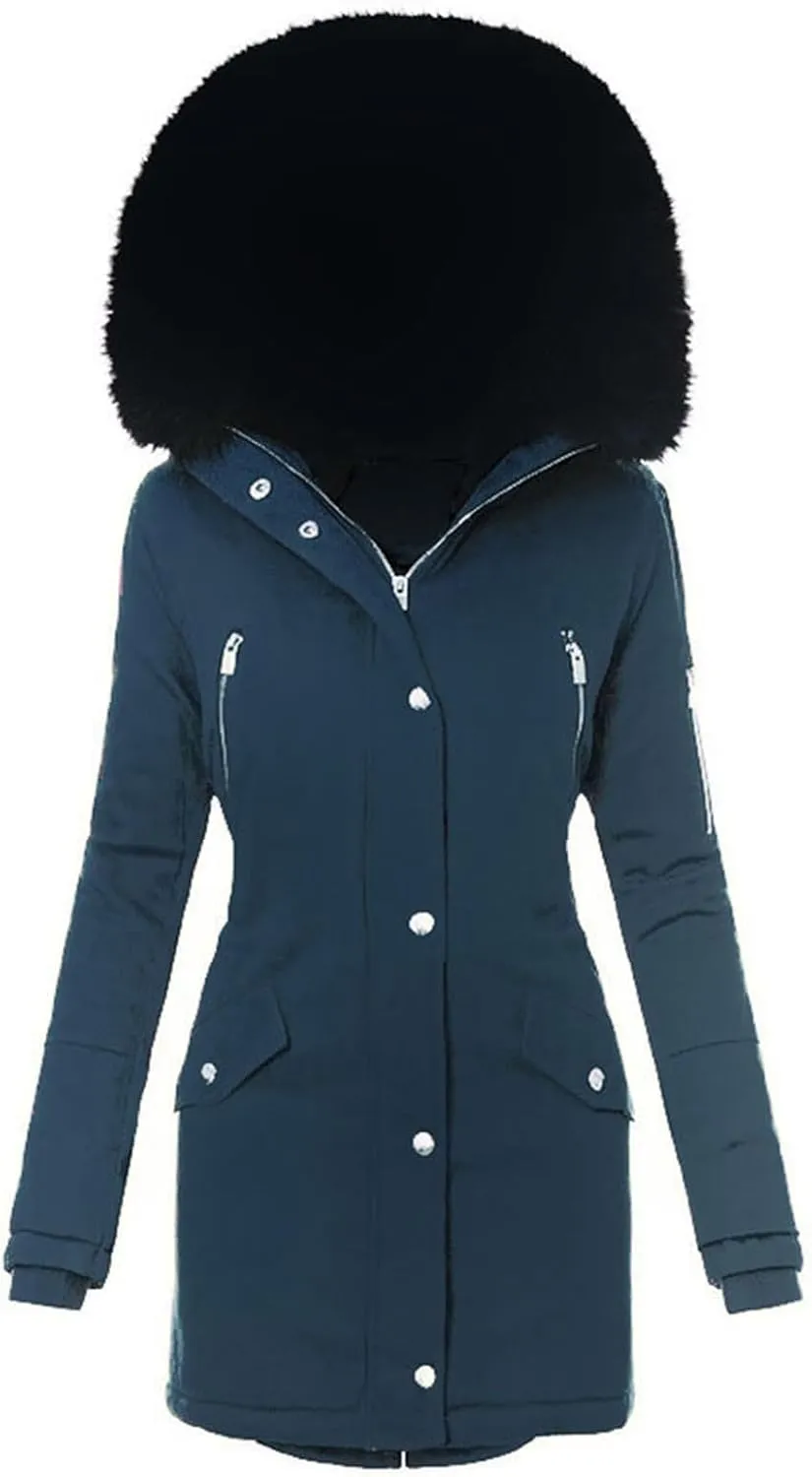 Women Winter Warm Coats with Faux Fur Hood Zip Snap Long Parka Jacket Long Sleeve Pockets Outerwear Puffer Down Coat