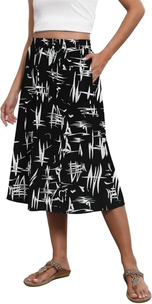 Women's 2025 Stretch Elastic Printed Pleated Plain Loose Boho A-Line Flared Midi Skirts, S-2XL