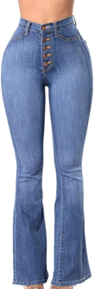 Womens Bell Bottom Jeans Solid High Waisted Slim Classic Stretch Denim Flared Pants