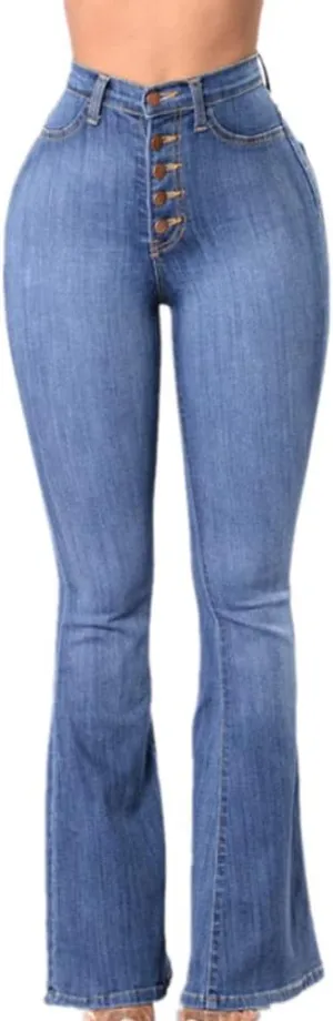 Womens Bell Bottom Jeans Solid High Waisted Slim Classic Stretch Denim Flared Pants