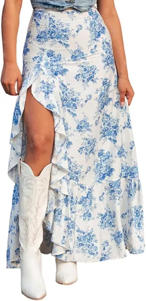 Women's Boho High Waisted Floral Printed Maxi Skirts Side Slit Ruffle Sexy Bodycon Midi Dress