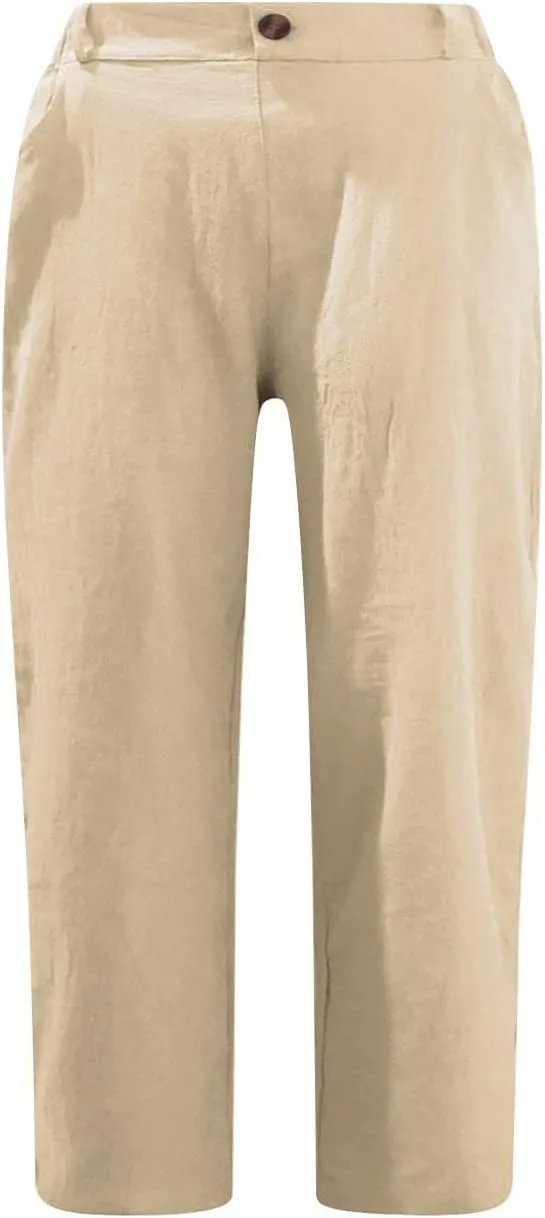 Womens Capris Pants 2025 Summer Cotton Linen Pants Casual Solid Color Elastic Waist Cargo Pants Straight Pants with Pockets