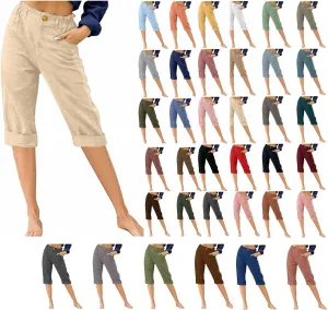 Womens Capris Pants 2025 Summer Cotton Linen Pants Casual Solid Color Elastic Waist Cargo Pants Straight Pants with Pockets