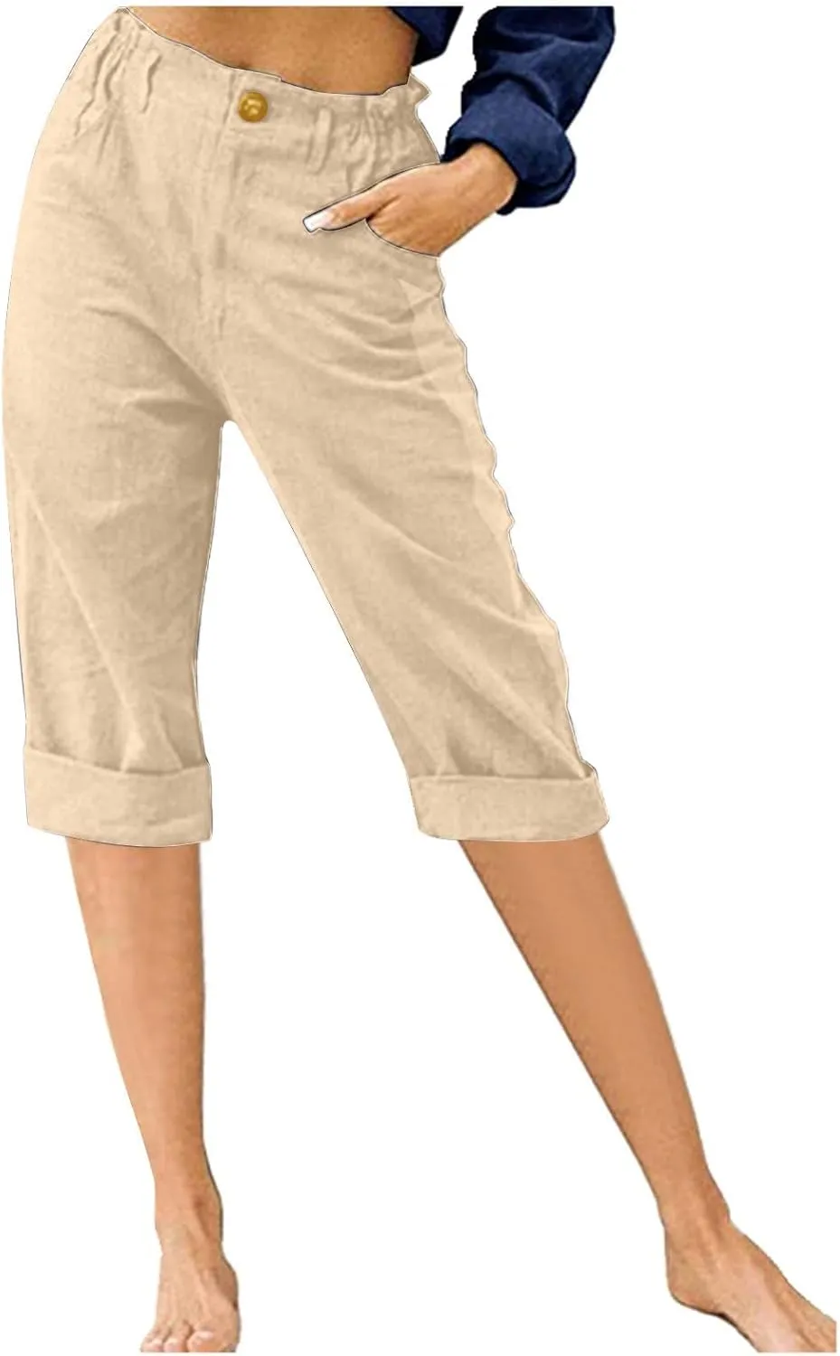 Womens Capris Pants 2025 Summer Cotton Linen Pants Casual Solid Color Elastic Waist Cargo Pants Straight Pants with Pockets