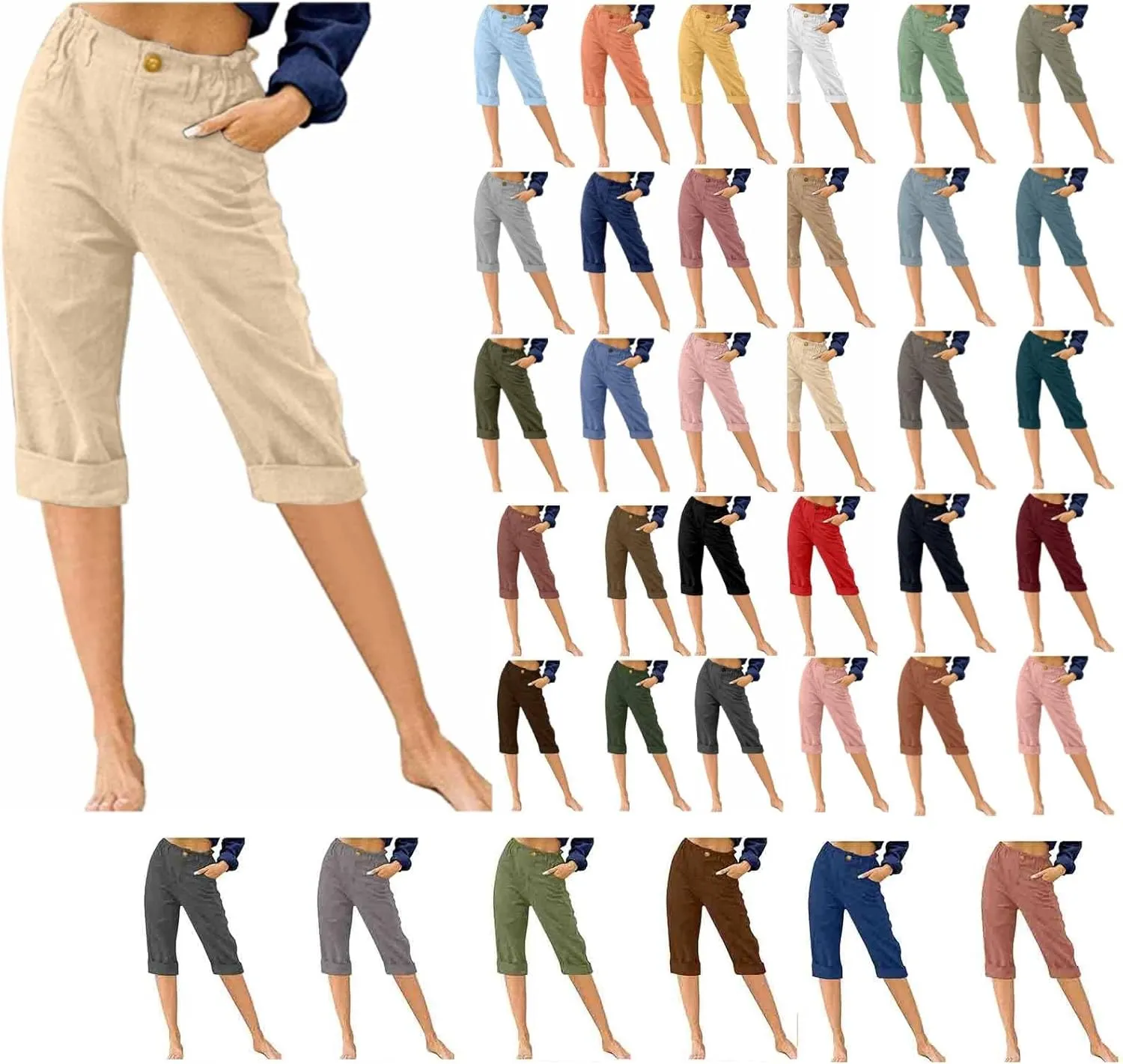 Womens Capris Pants 2025 Summer Cotton Linen Pants Casual Solid Color Elastic Waist Cargo Pants Straight Pants with Pockets