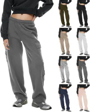 Womens Cargo Sweatpants Oversized Fleece Joggers with Pockets Elastic Waist Cargo Pants Baggy Straight Leg Sweatpants