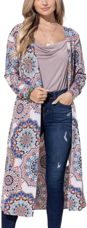 Women's Casual Cardigan Trendy Printed Kimono Open Front Longline Outerwear Top Lightweight Long Sleeves Relaxed Fit