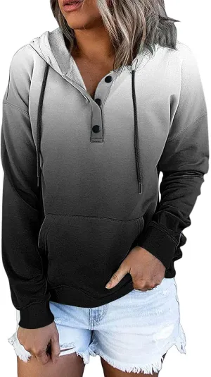 Women's Casual Long Sleeve Hoodies Color Block Button Down Hooded Drawstring Pullover Sweatshirt Tops with Pocket