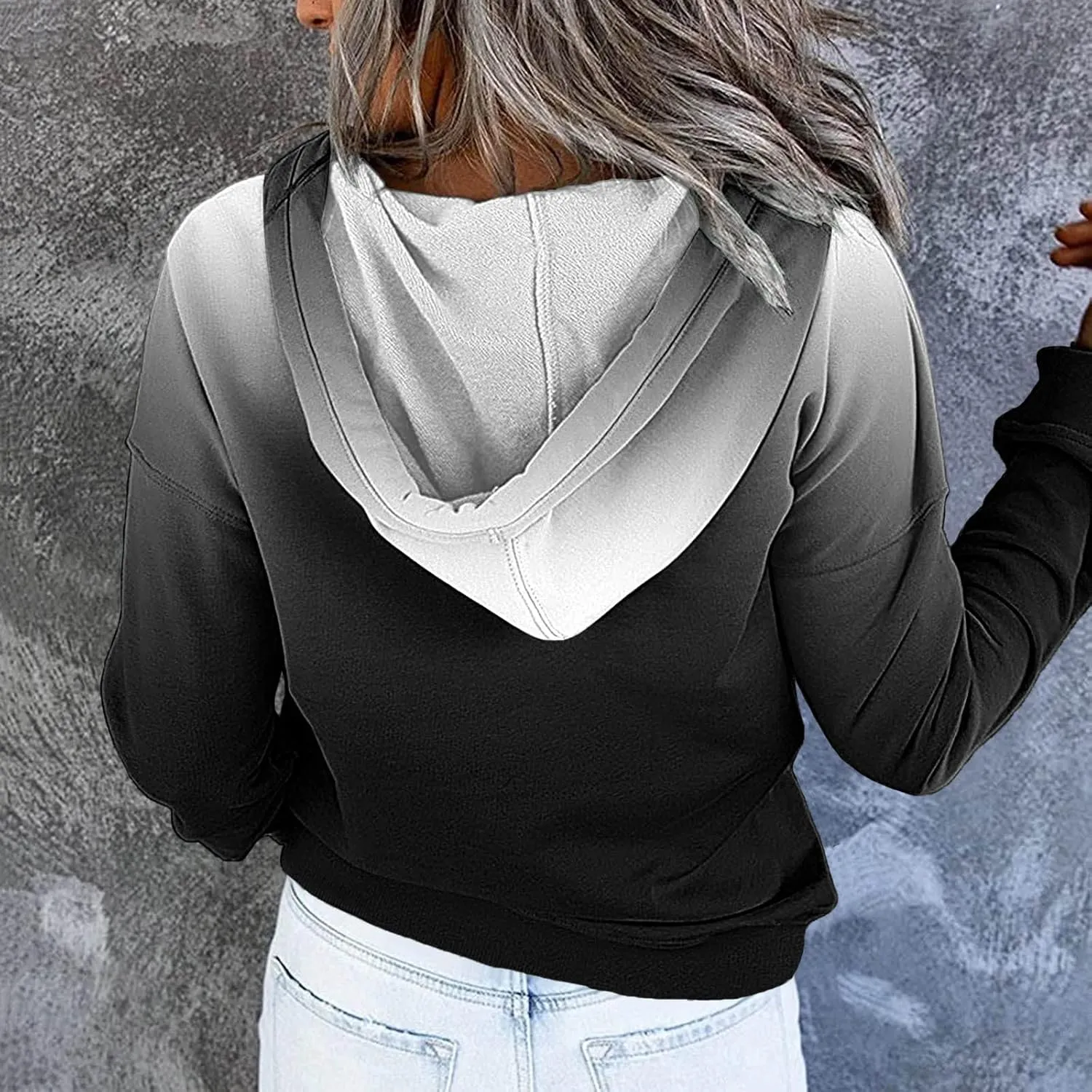 Women's Casual Long Sleeve Hoodies Color Block Button Down Hooded Drawstring Pullover Sweatshirt Tops with Pocket