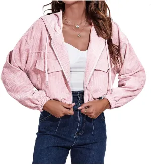 Women's Corduroy Drawstring Zip Up Hoodie Jacket Lightweight Long Sleeve Coats Casual Loose Outwear with Pocket