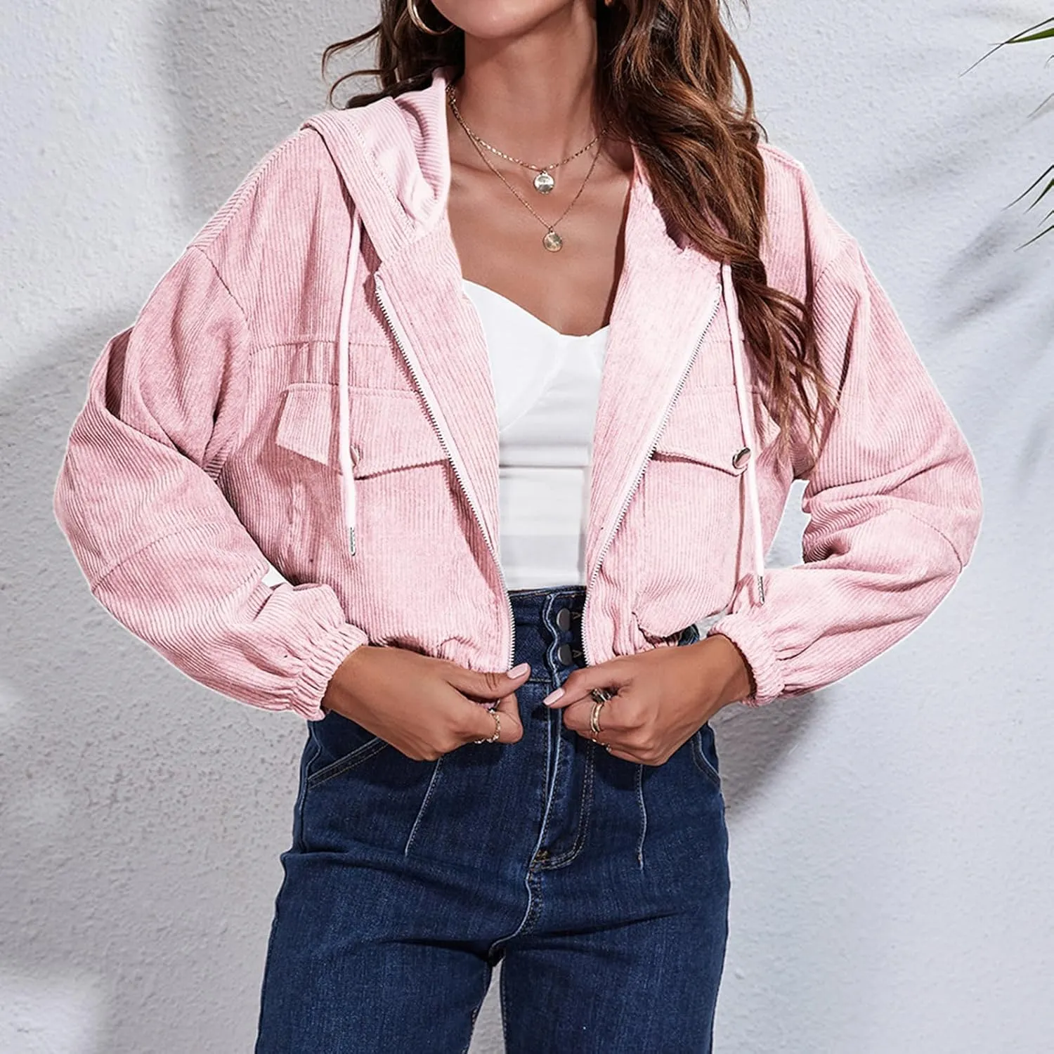 Women's Corduroy Drawstring Zip Up Hoodie Jacket Lightweight Long Sleeve Coats Casual Loose Outwear with Pocket