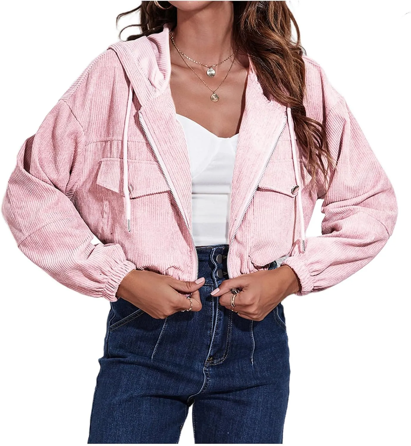 Women's Corduroy Drawstring Zip Up Hoodie Jacket Lightweight Long Sleeve Coats Casual Loose Outwear with Pocket