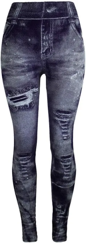 Womens Denim Printed Jeggings Stretch Skinny Fit High Waisted Leggings Summer Fashion Ripped Fake Jeans Leggings