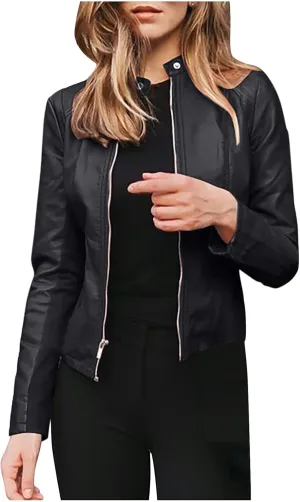 Womens Faux Leather Long Sleeve Jacket Zip Up Moto Biker Jackets Trendy Stand Collar Motorcycle Crop Jacket