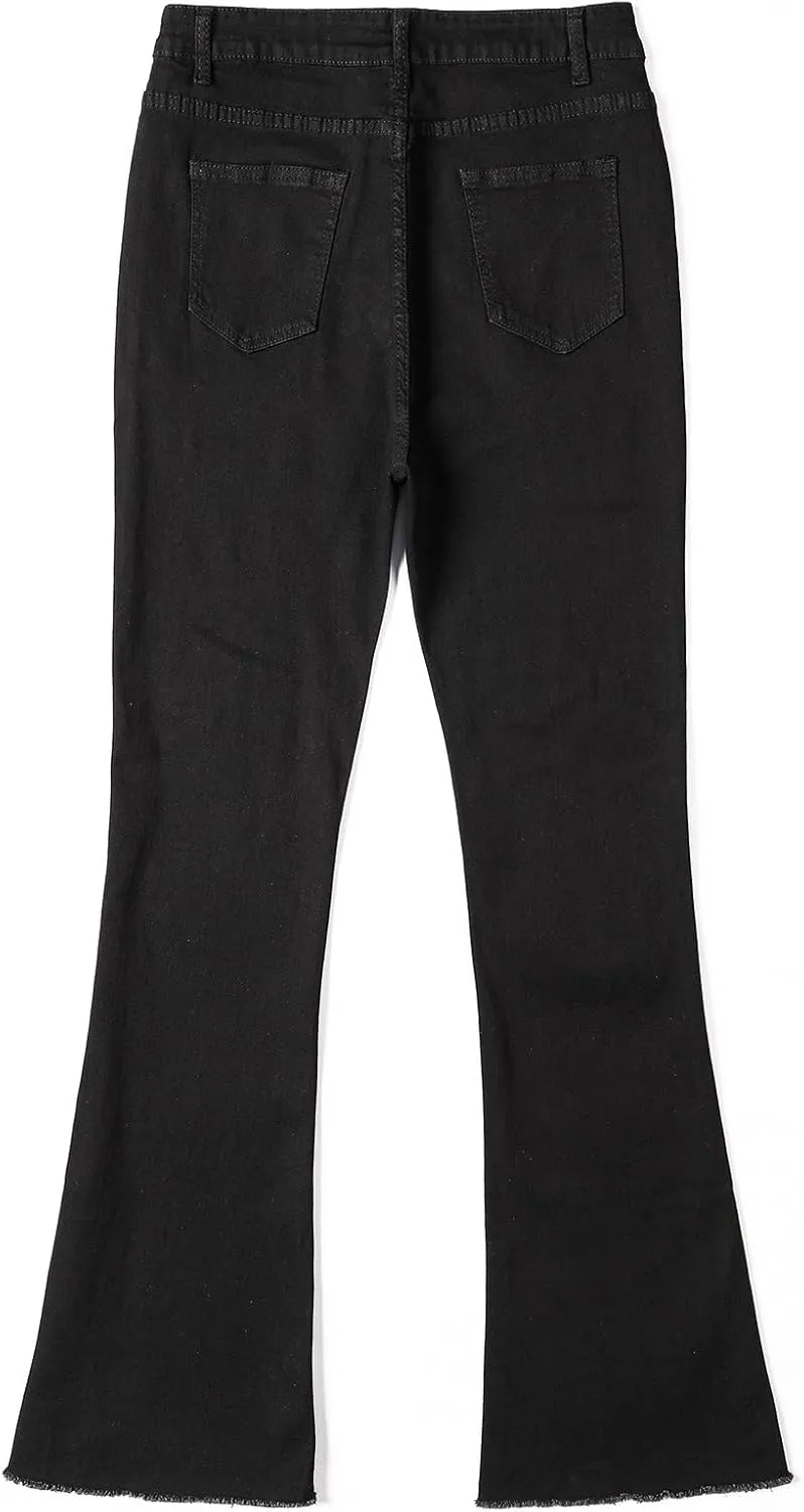 Womens Flare Bell Bottom Jeans High Waisted Wide Leg Bootcut Jeans Stretchy Ripped Raw Hem Denim Pants Y2k Streetwear