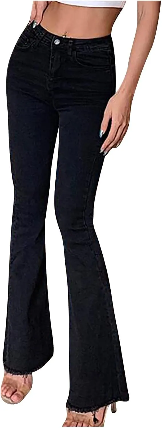 Womens Flare Bell Bottom Jeans High Waisted Wide Leg Bootcut Jeans Stretchy Ripped Raw Hem Denim Pants Y2k Streetwear
