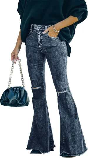 Women's Flare Bell Bottom Jeans Ripped Raw Hem Flared Legs Stretch Denim Pants