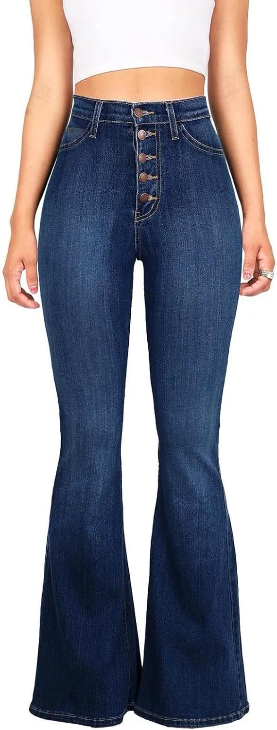 Womens Flare Jeans High Waisted Wide Leg Bootleg Bell Bottom Denim Pants Stretch Button Fly Jean Trousers