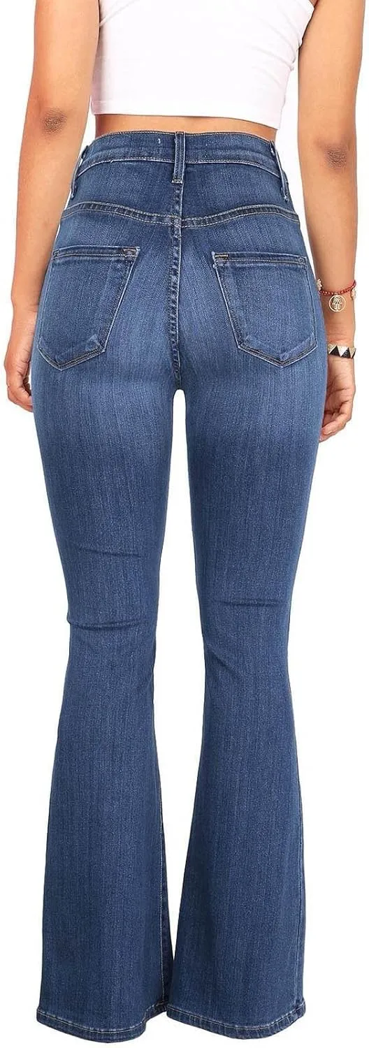 Womens Flare Jeans High Waisted Wide Leg Bootleg Bell Bottom Denim Pants Stretch Button Fly Jean Trousers